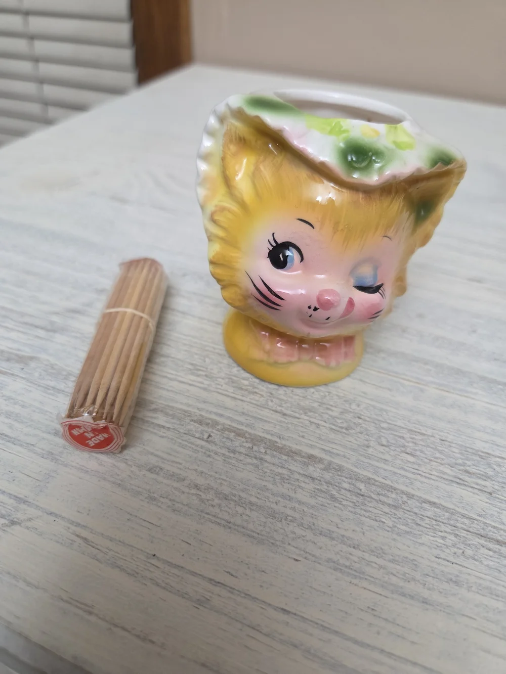 Enesco Yellow and Pink Ceramic Kitty Toothpick Holder